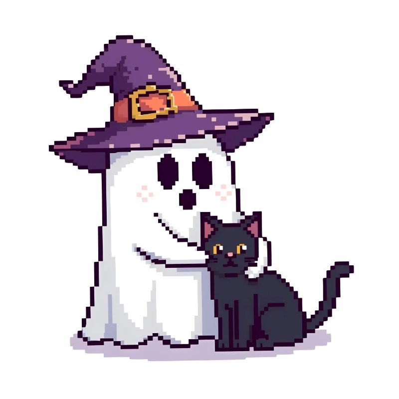 Pixel Ghost with Witch Hat & Cat – Halloween