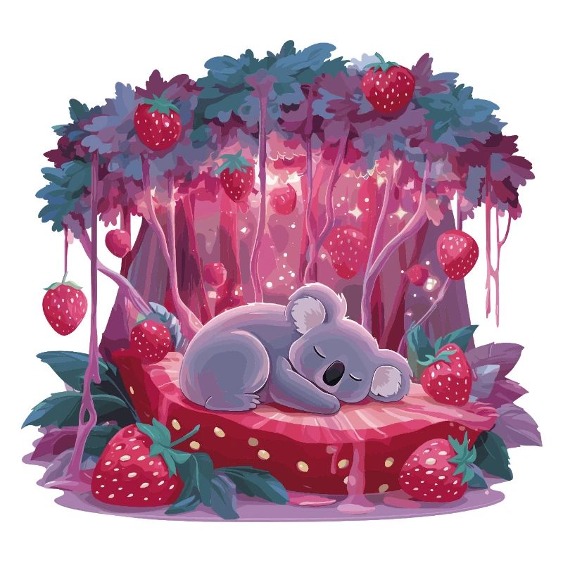 Sleeping koala on strawberry cake in the enchanted forest