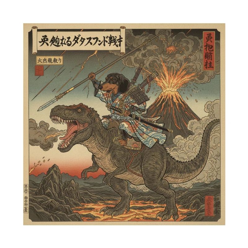 Dachshund Samurai Warrior Riding T-Rex Dinosaur