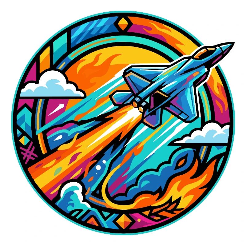 Neon Nozzles Jet in Fire Circle Retro Space Rocket