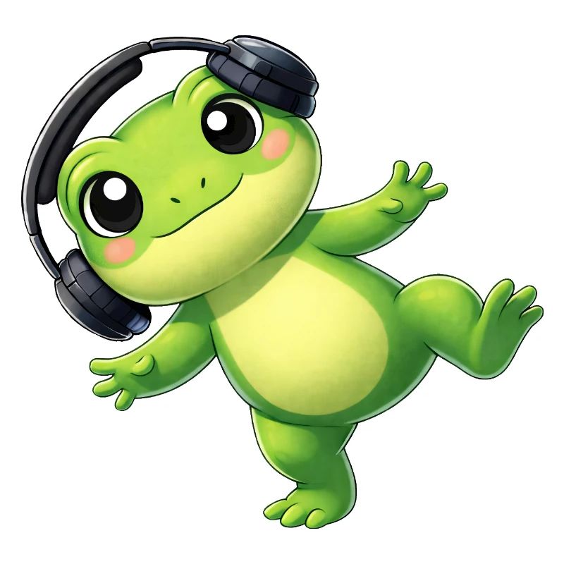 Cute frog toad toad with headphones dancing tech