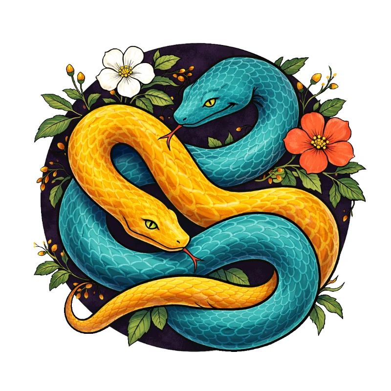 Two Python Snakes in Flower Ring