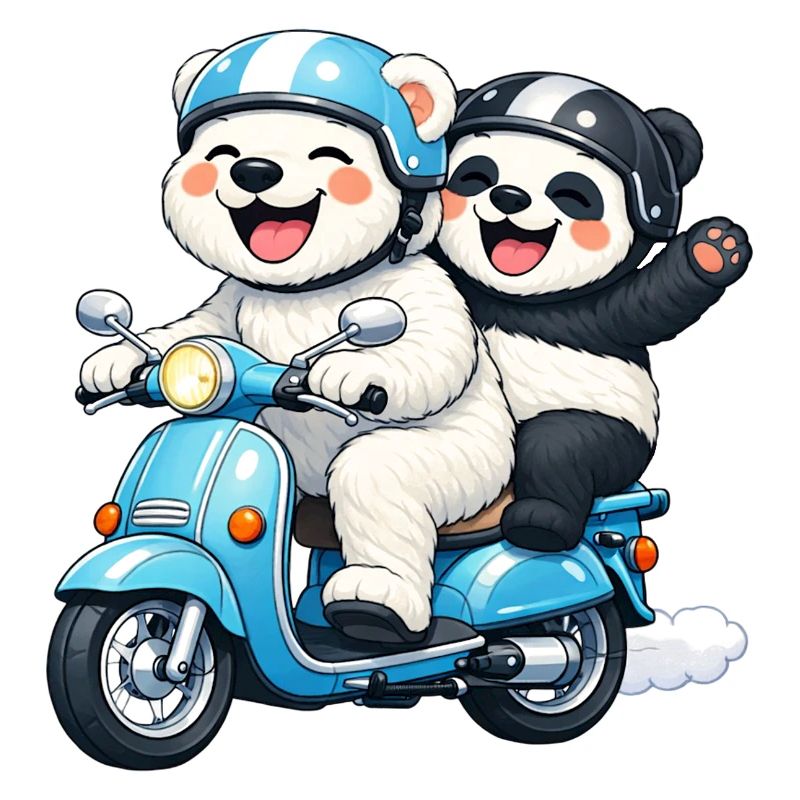 Eisbär und Pandabär auf einem Roller