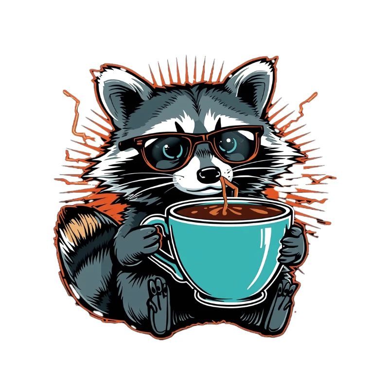 Überforderter Waschbär mit Kaffee