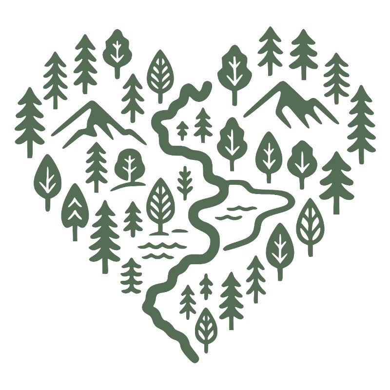 Cuore escursionistico con paesaggio montano e forestale