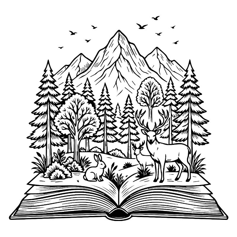 Open Book with Forest, Deer & Rabbit Design
