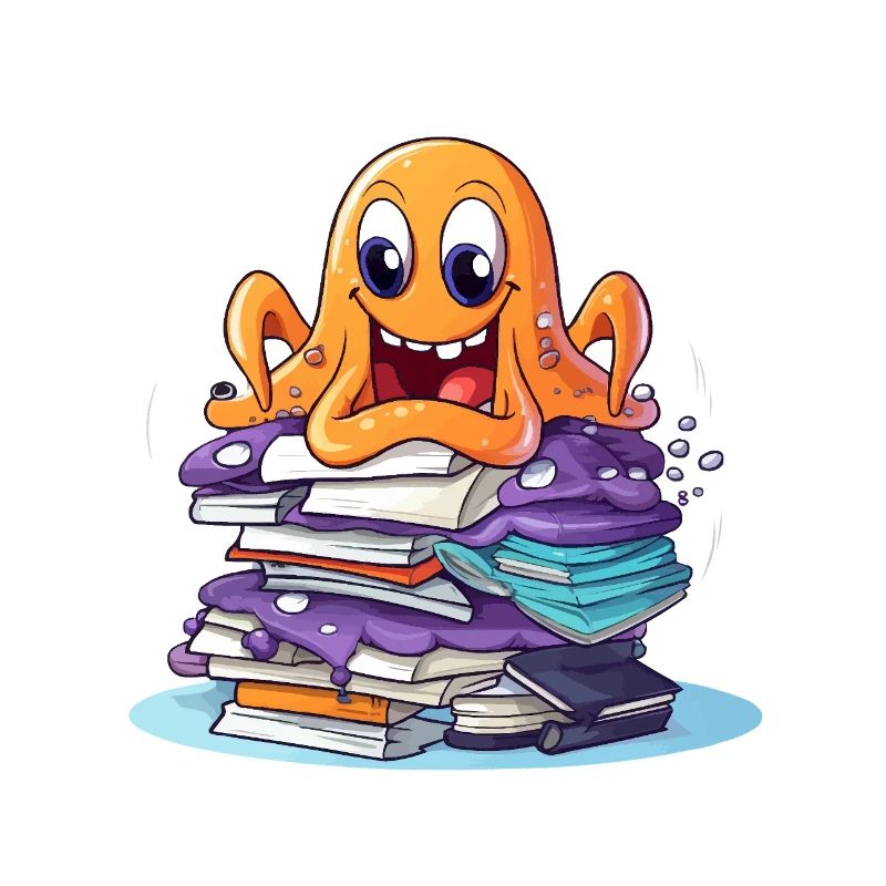 Learning octopus with stack of books