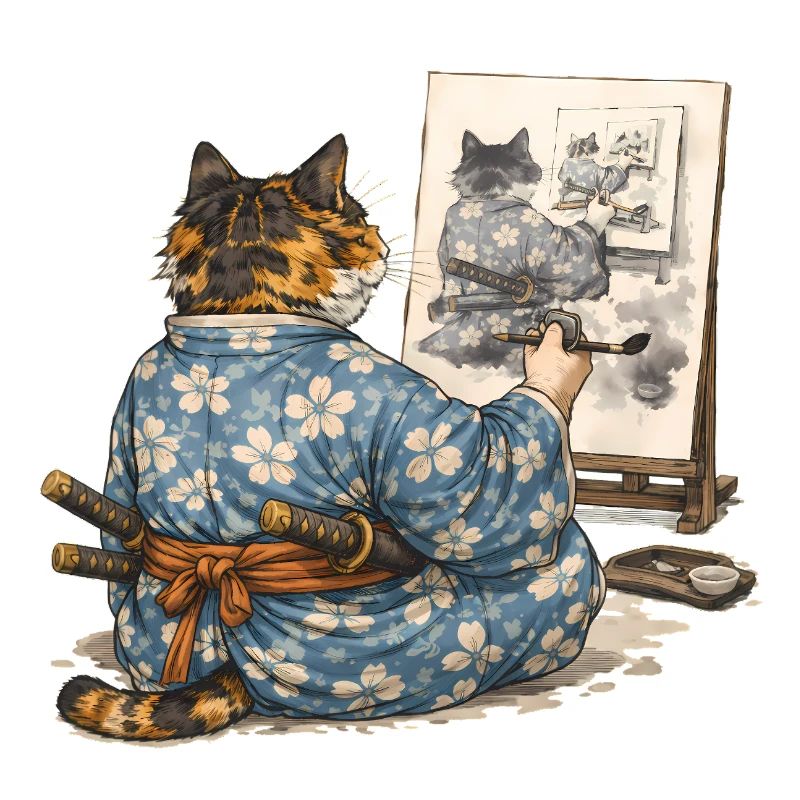 Samurai-Katzen-Malerei Sumi-e Ukiyo-e Kunst