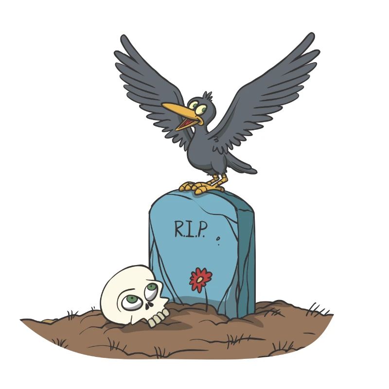 Crow on gravestone with skull