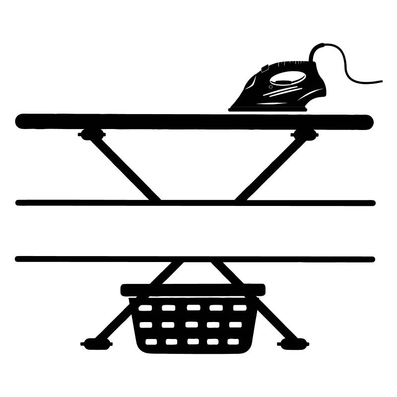 Iron, ironing board and laundry basket, text banner