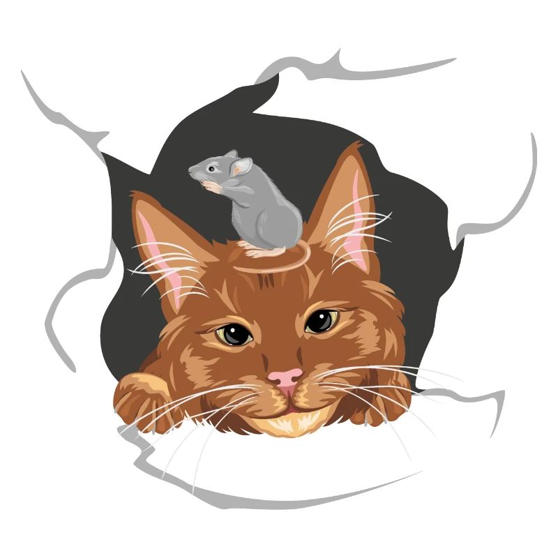 Cat and grey mouse peeks through a broken wall