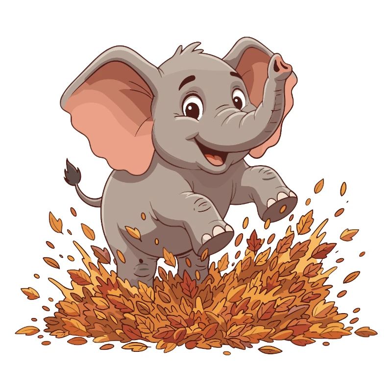 Éléphant joyeux dans les feuilles d’automne