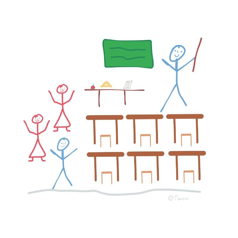 Stick figure school class lesson break work