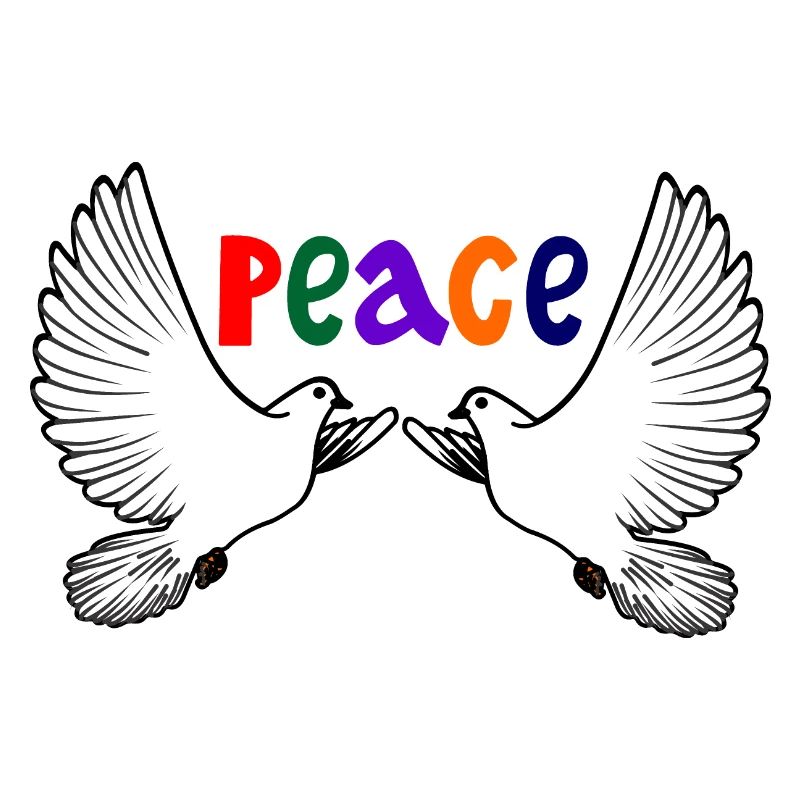 Two white doves of peace with colored text PEACE