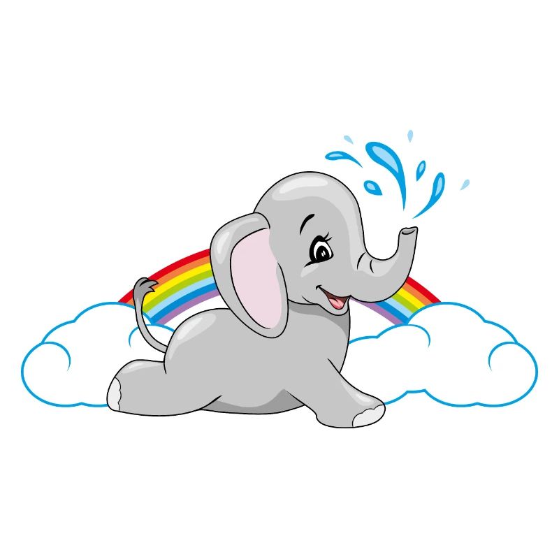 Baby elephant bathing among rainbow and clouds