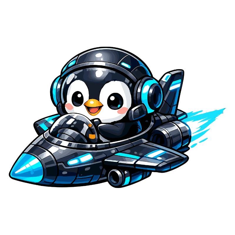 Neon penguin pilot in rocket jet