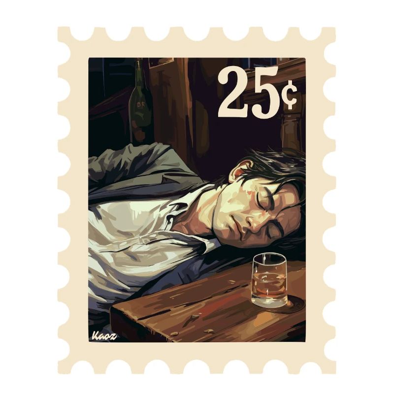 Man sleeping next to glass on table