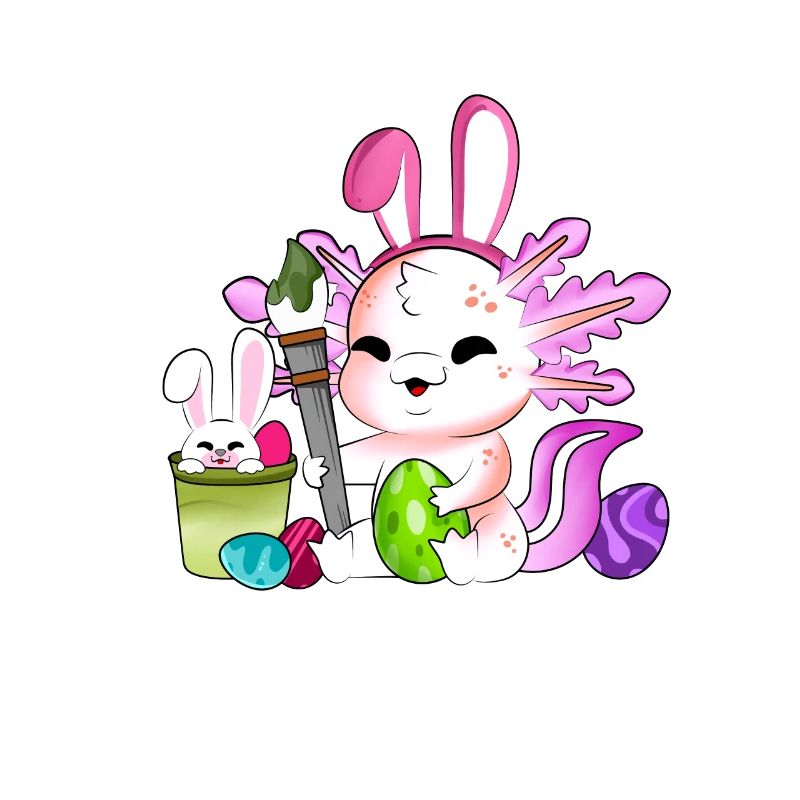Sweet axolotl paints Easter eggs at Easter