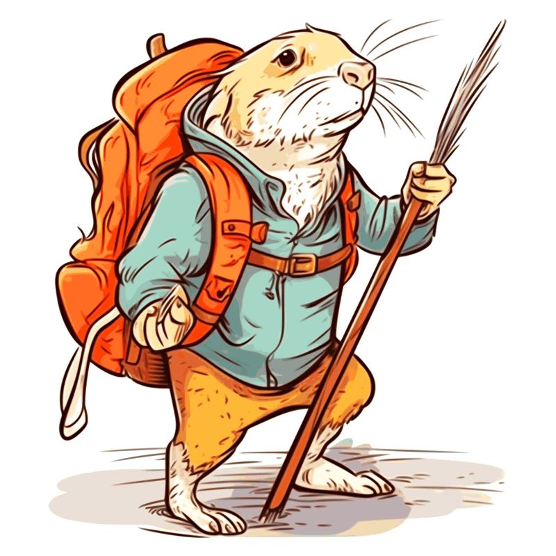 Mole rat as a hiker with stick and backpack