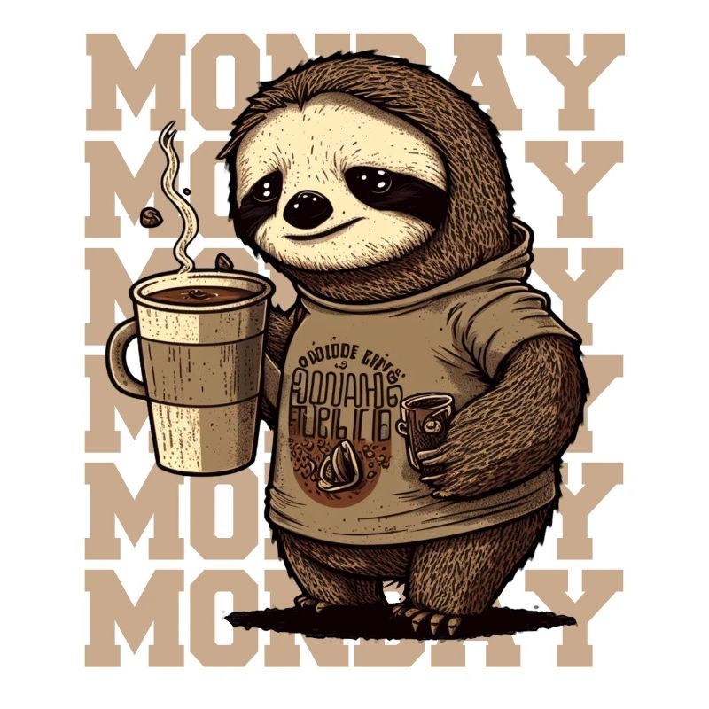 Tired sloth with huge coffee mug on Monday