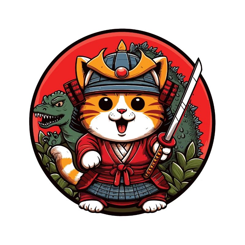 Samurai-Ninja-Katze und Dinosaurier-Monster dahinter