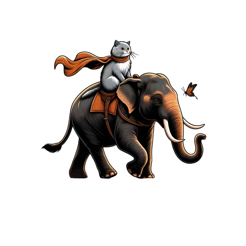 Fier chat chevauchant un éléphant