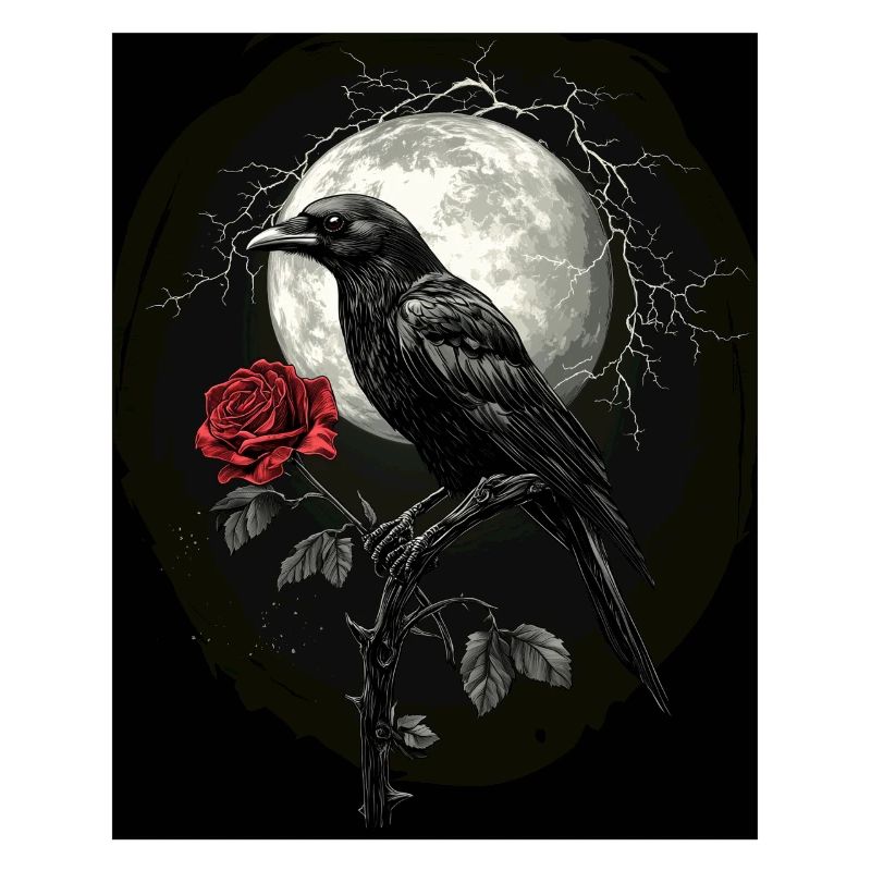 Rabe Rose Mond Düster Gothic Schwarze Krähe