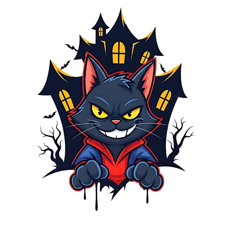 Chat souriant devant une maison hantée