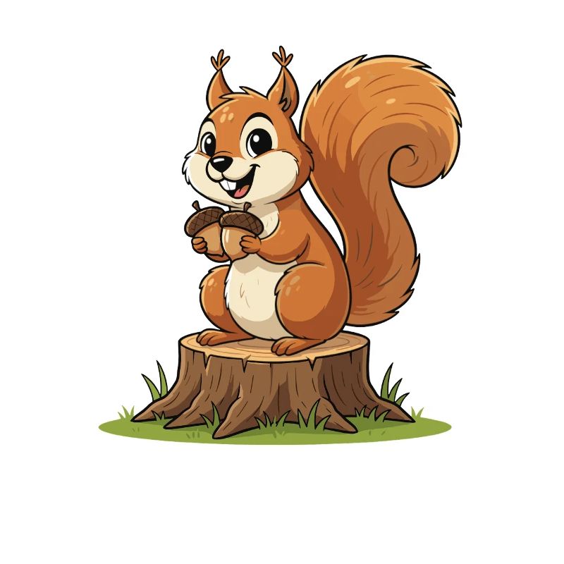 Eichhörnchen am Baumstumpf mit Eichel