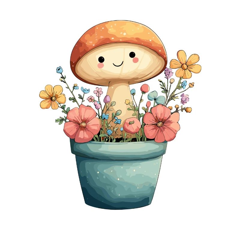 Un champignon joyeux dans un pot de fleurs