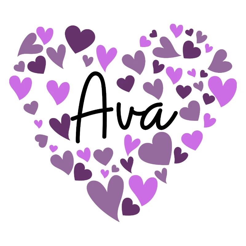 Conception du nom Ava avec des cœurs violets en forme de cœur