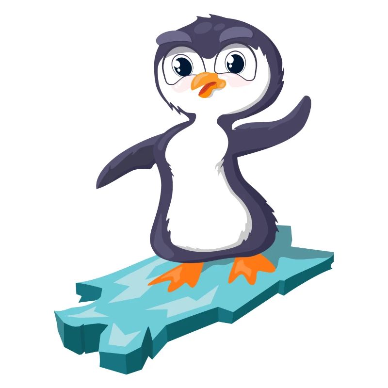 Pinguin surft auf einer Eisscholle