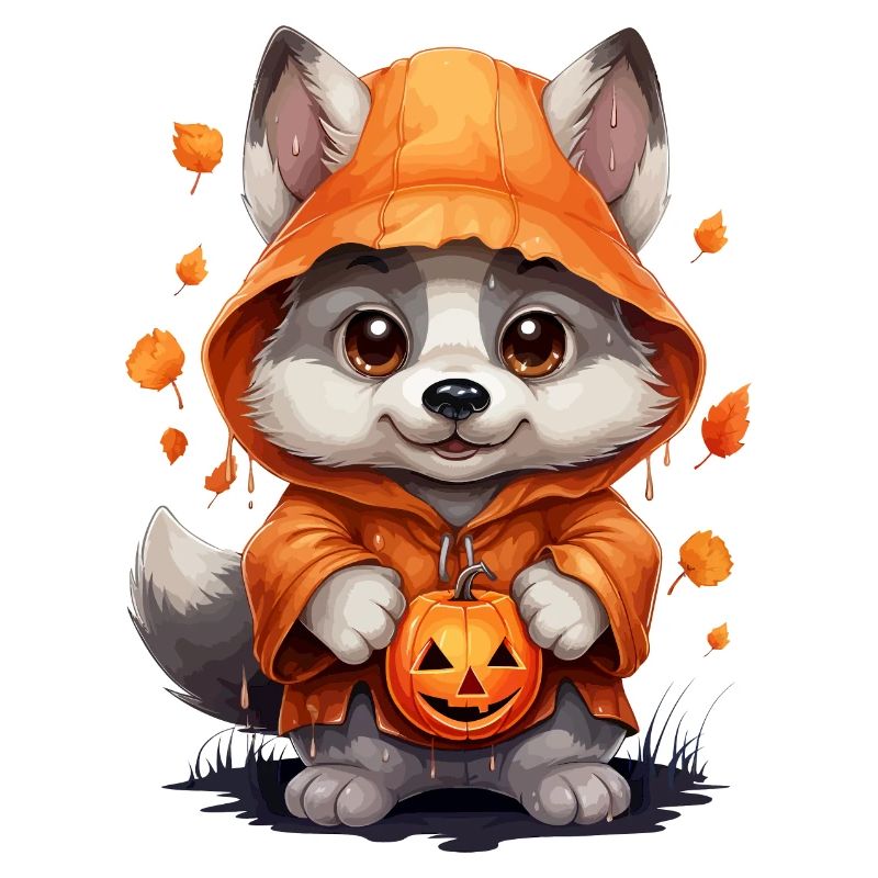 Cute Halloween Wolf with Pumpkin Lanterns
