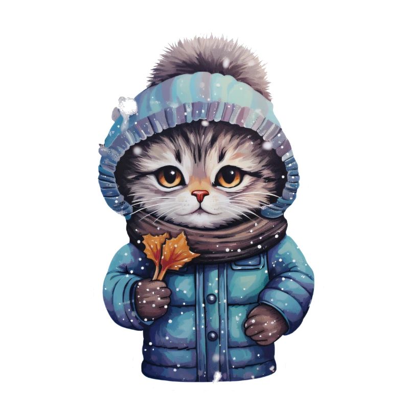 Cat with jacket and hat in the snow