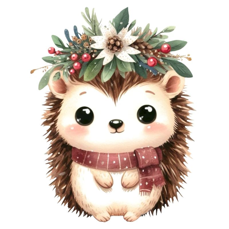 Hérisson mignon avec écharpe et couronne de Noël