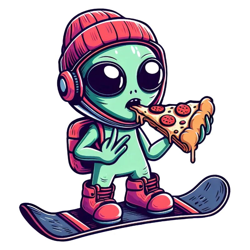 Cool Alien Rides Snowboard And Eats Pizza