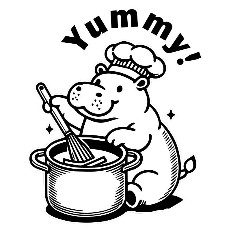 Süßes Nilpferd beim Kochen - "Lecker!" Entwurf