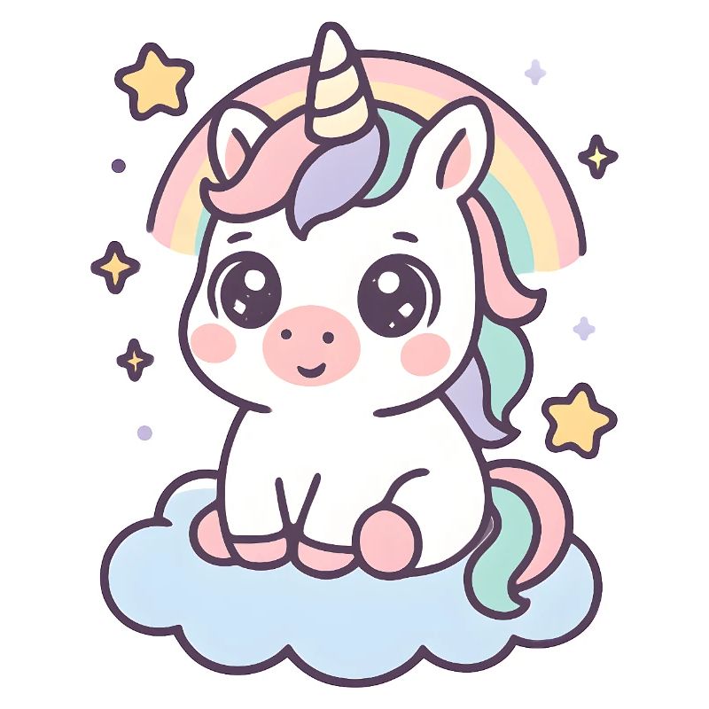 Kawaii Einhorn auf Wolke mit Regenbogen Sterne