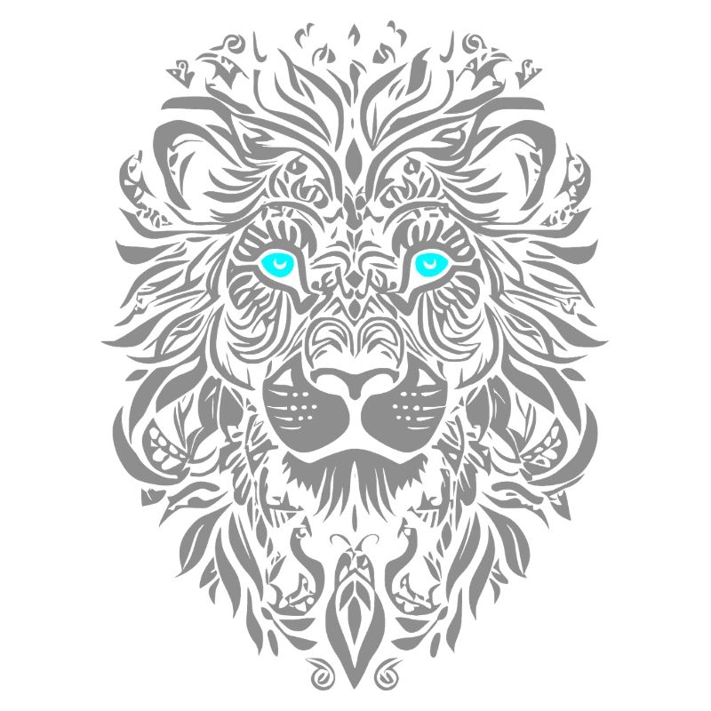 Silver lion with blue eyes and leaf pattern