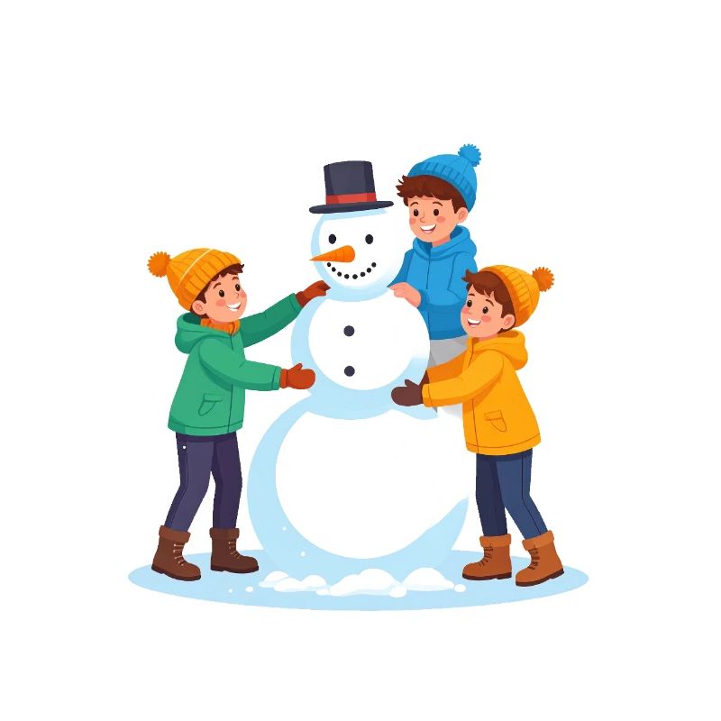 Fröhliche Kinder bauen einen Schneemann