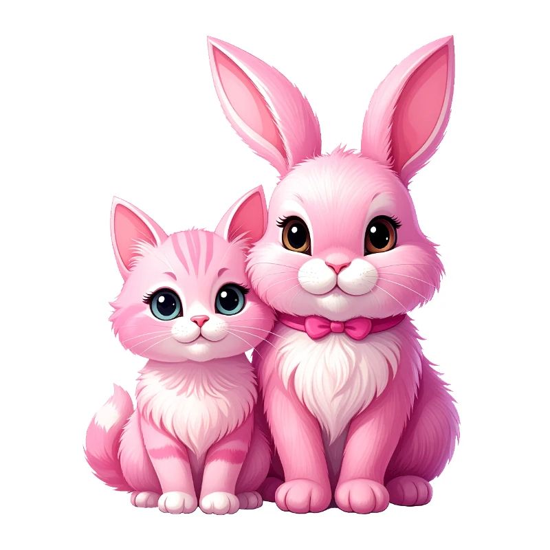 Le lapin rose et le chat comme peluches