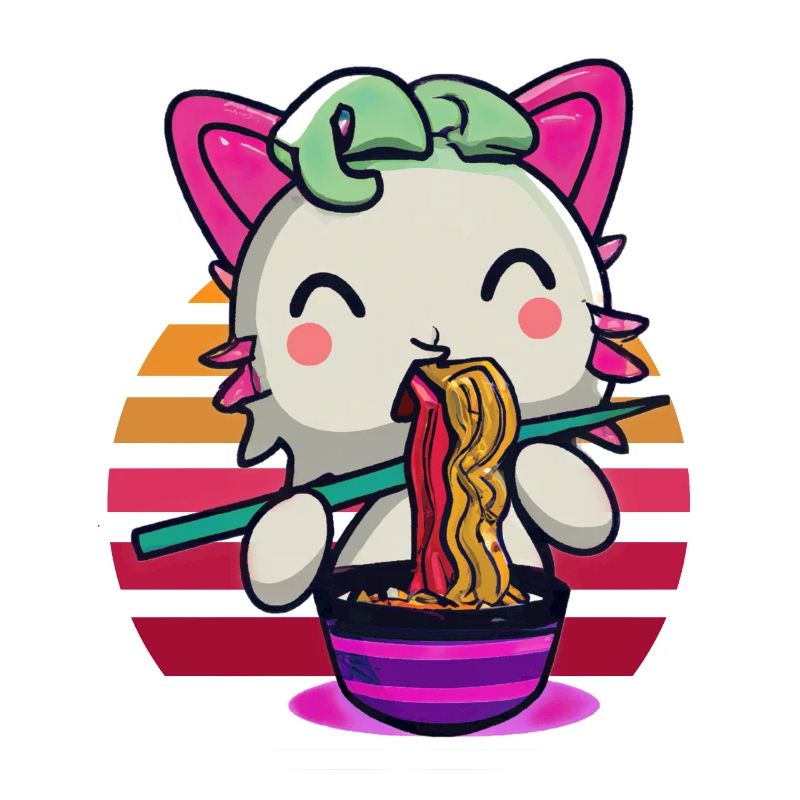 Axolotl cat eats ramen noodles