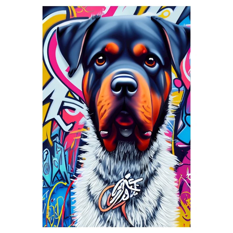 Chien rottweiler en manteau de fourrure devant les graffitis |Pop Art