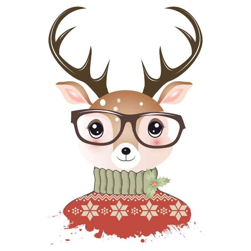 Hirsch mit Weihnachtspullover und Nerd Brille