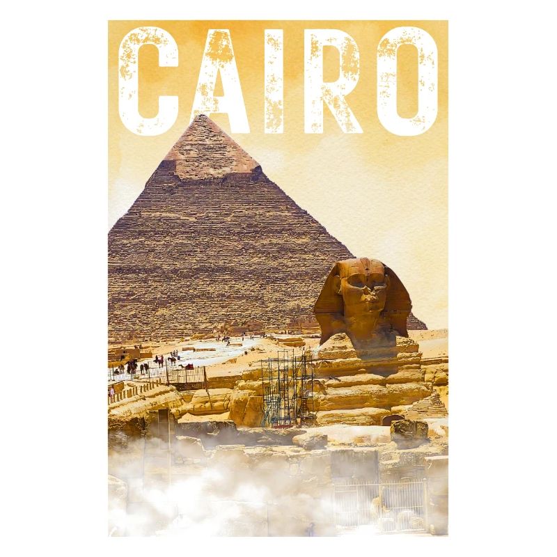Affiche de voyage vintage du Caire avec pyramide et sphinx