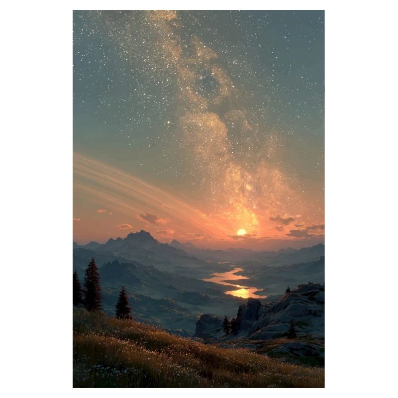 Cosmic Sunset Over Mountains