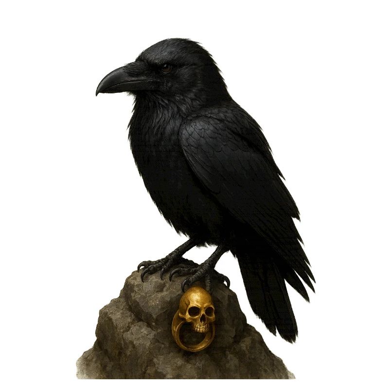 Corbeau sur roche et crâne doré