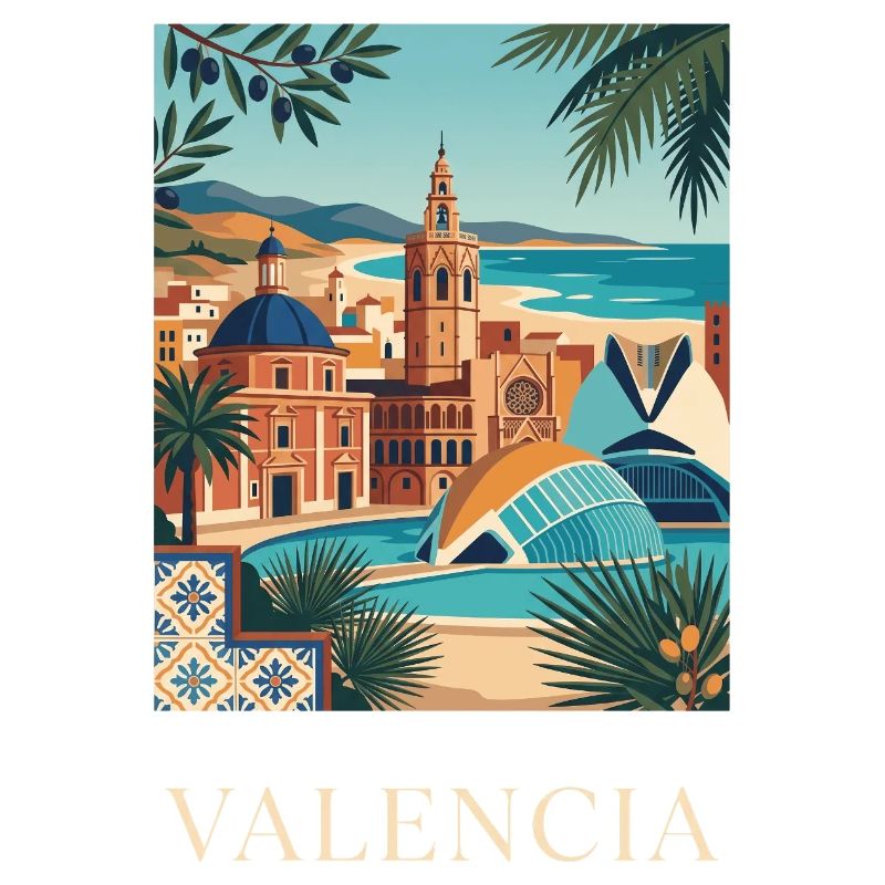 Affiche de voyage sur l’architecture côtière de Valence en Espagne