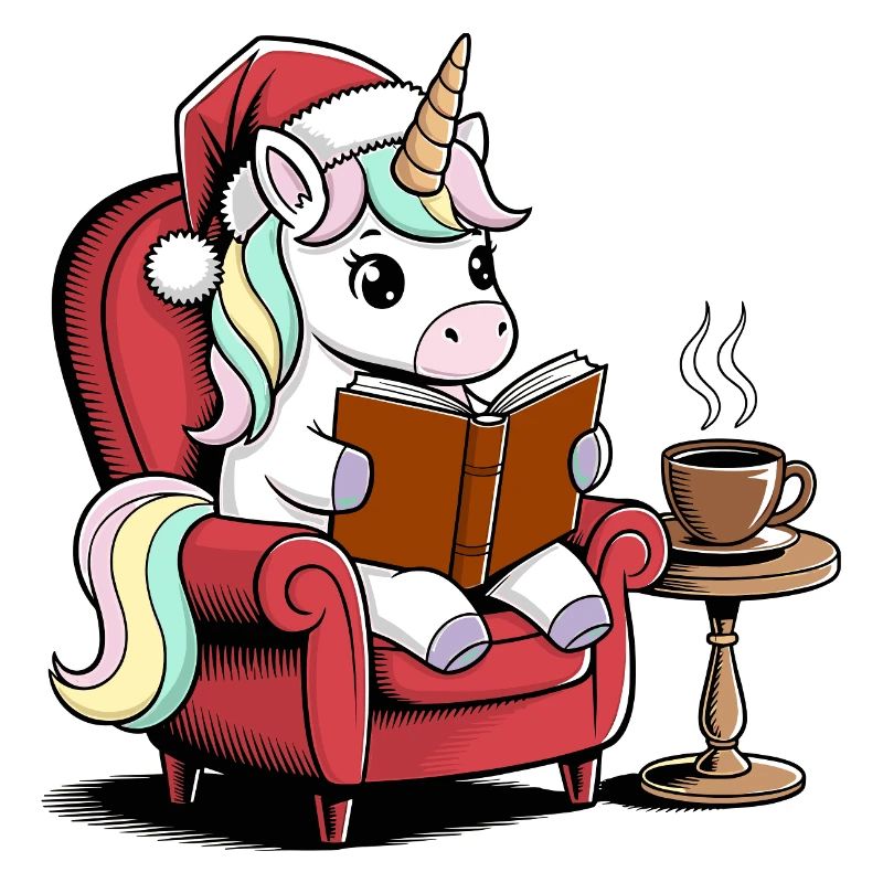 Einhorn mit Weihnachtsmütze liest ein Buch
