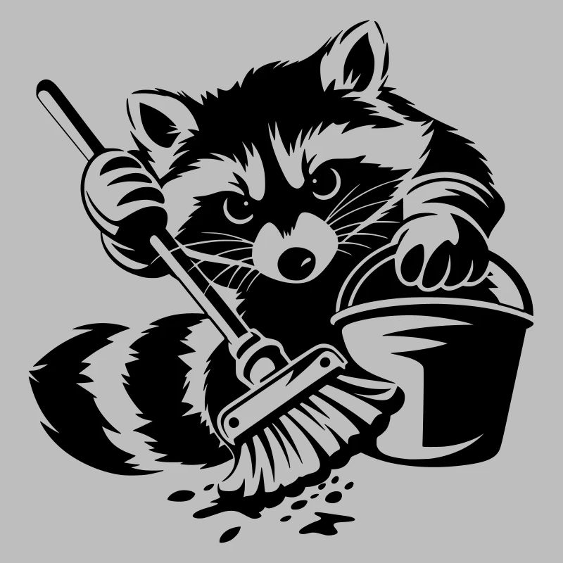 Waschbär mit Eimer & Mopp